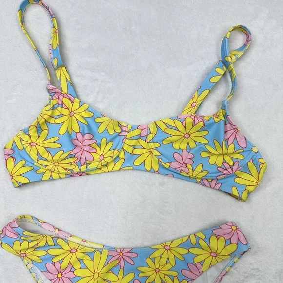 Shien Bikinx Bikini Swimsuit XS Blue Yellow Floral High Cut Cheeky Beach Summer - Picture 4 of 11